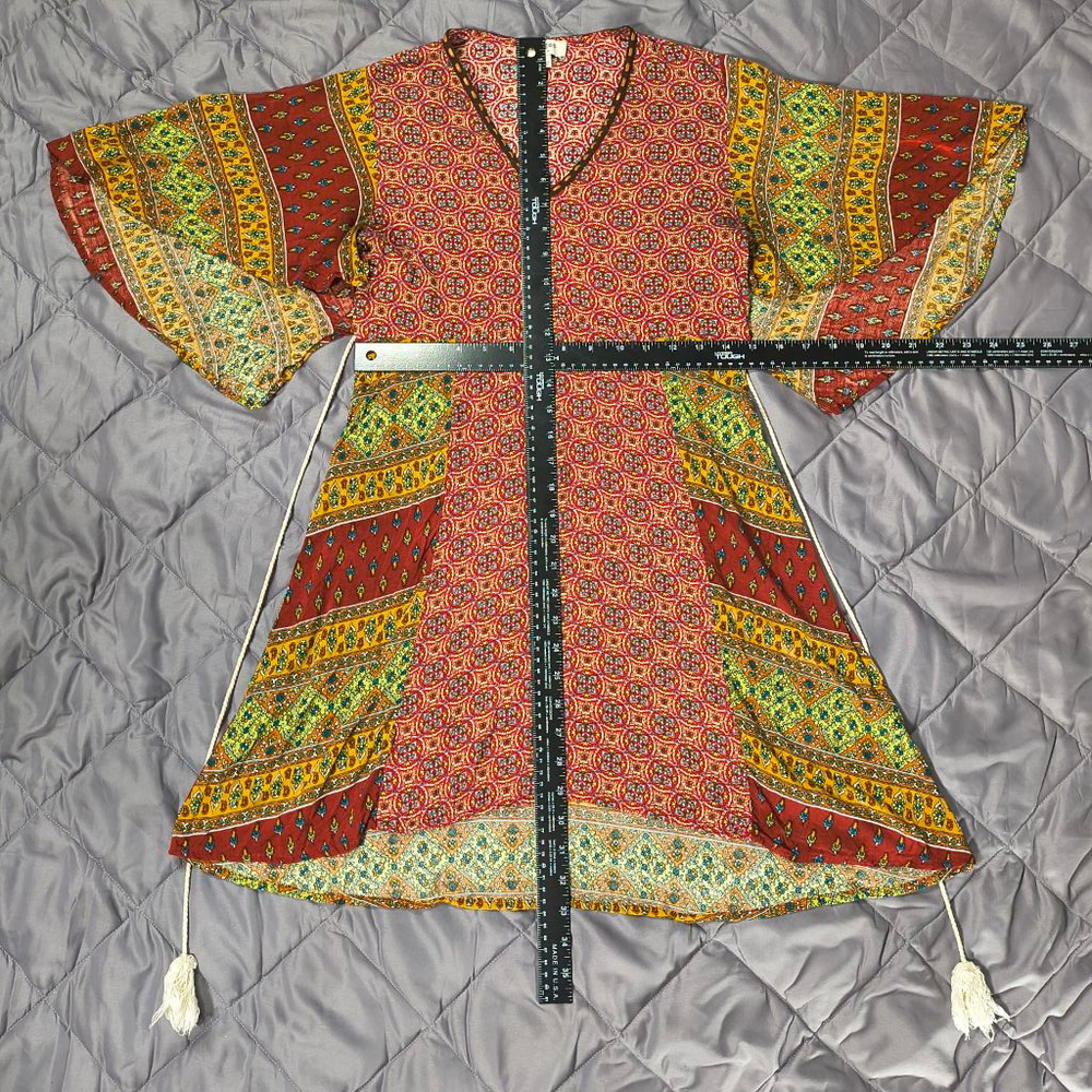 (S) Women's Umgee Red Yellow and Green Mixed Media Patterned Hi-lo Boho Dress - Picture 3 of 7